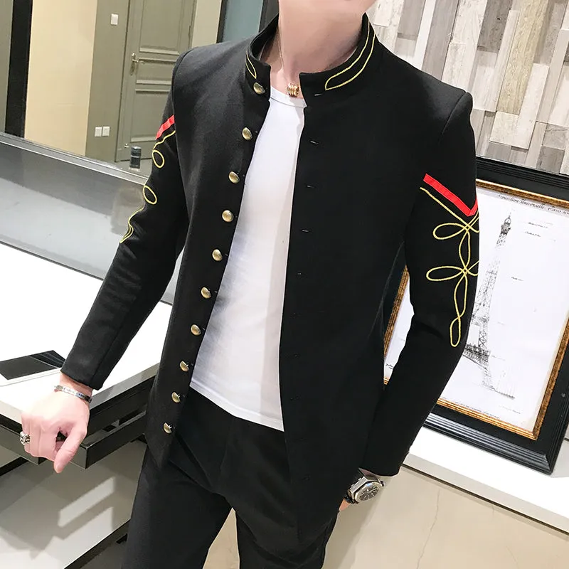 Gold Button Chinese Collar Men Slim Fit Blazer Jacket