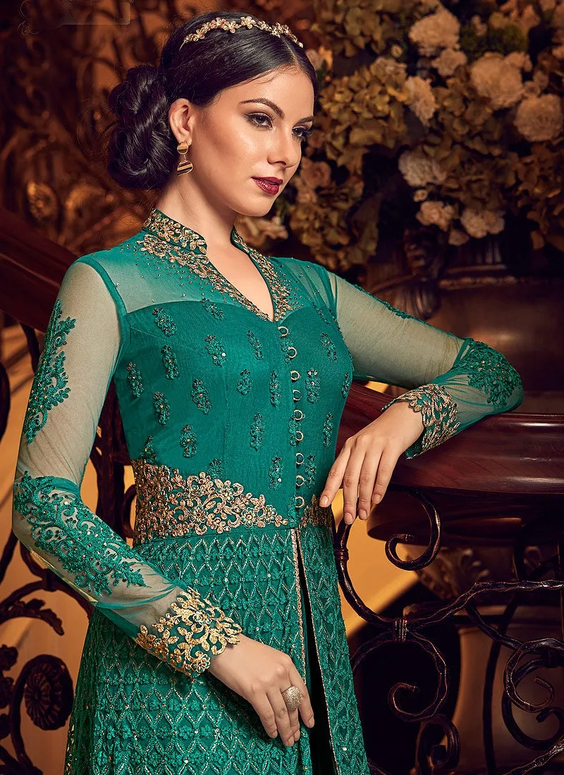 Green All Slit Style Embroidered Lehenga/Pant Suit