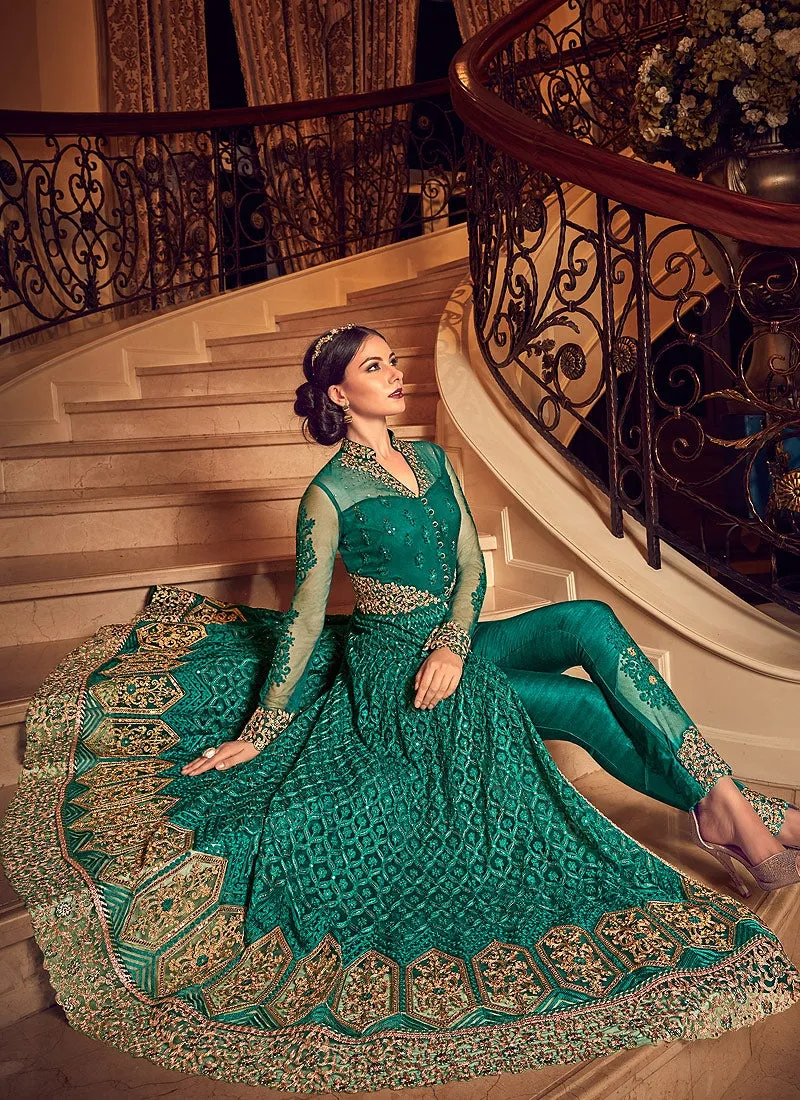 Green All Slit Style Embroidered Lehenga/Pant Suit