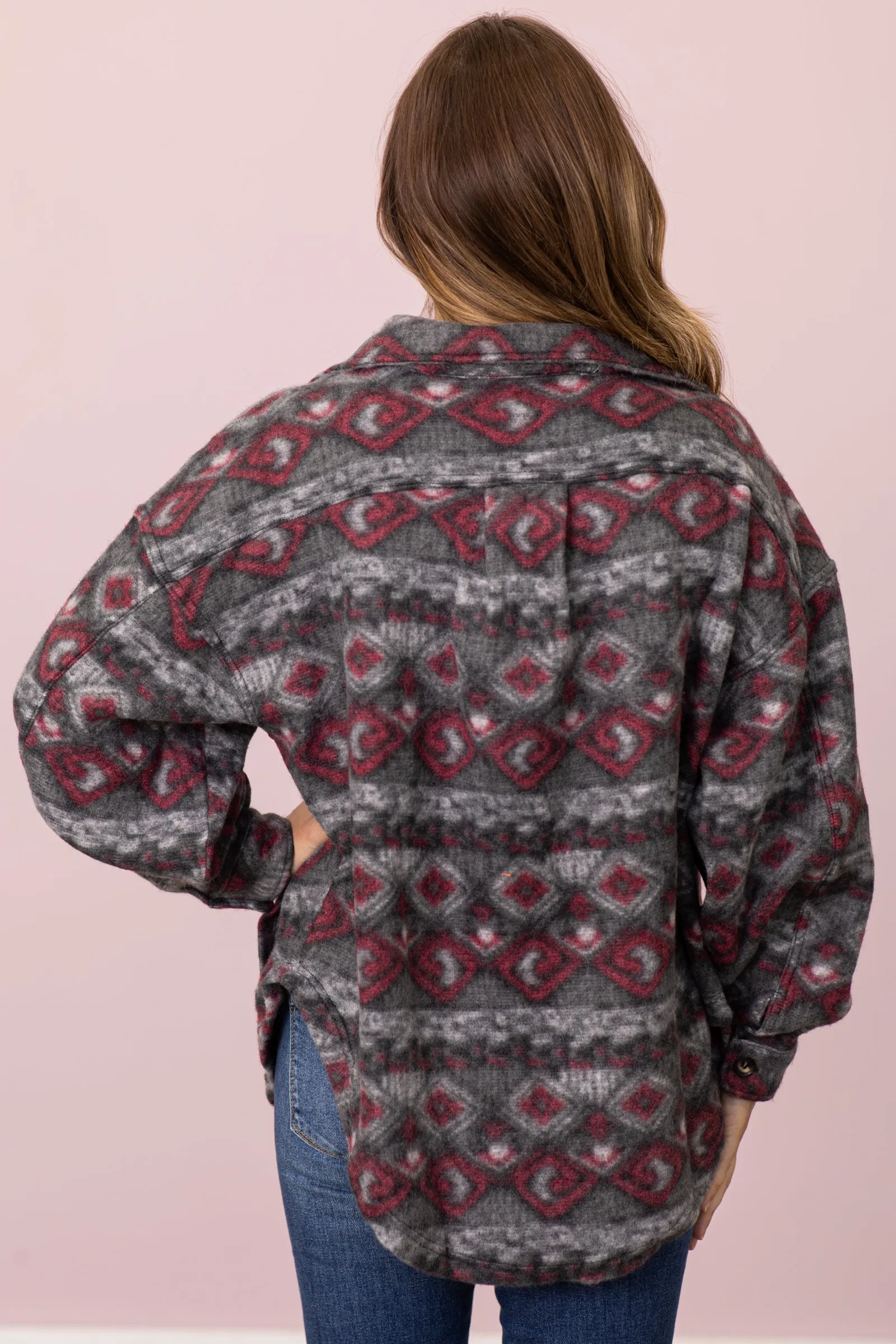 Grey and Wine Aztec Print Shacket