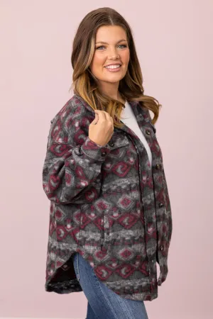 Grey and Wine Aztec Print Shacket