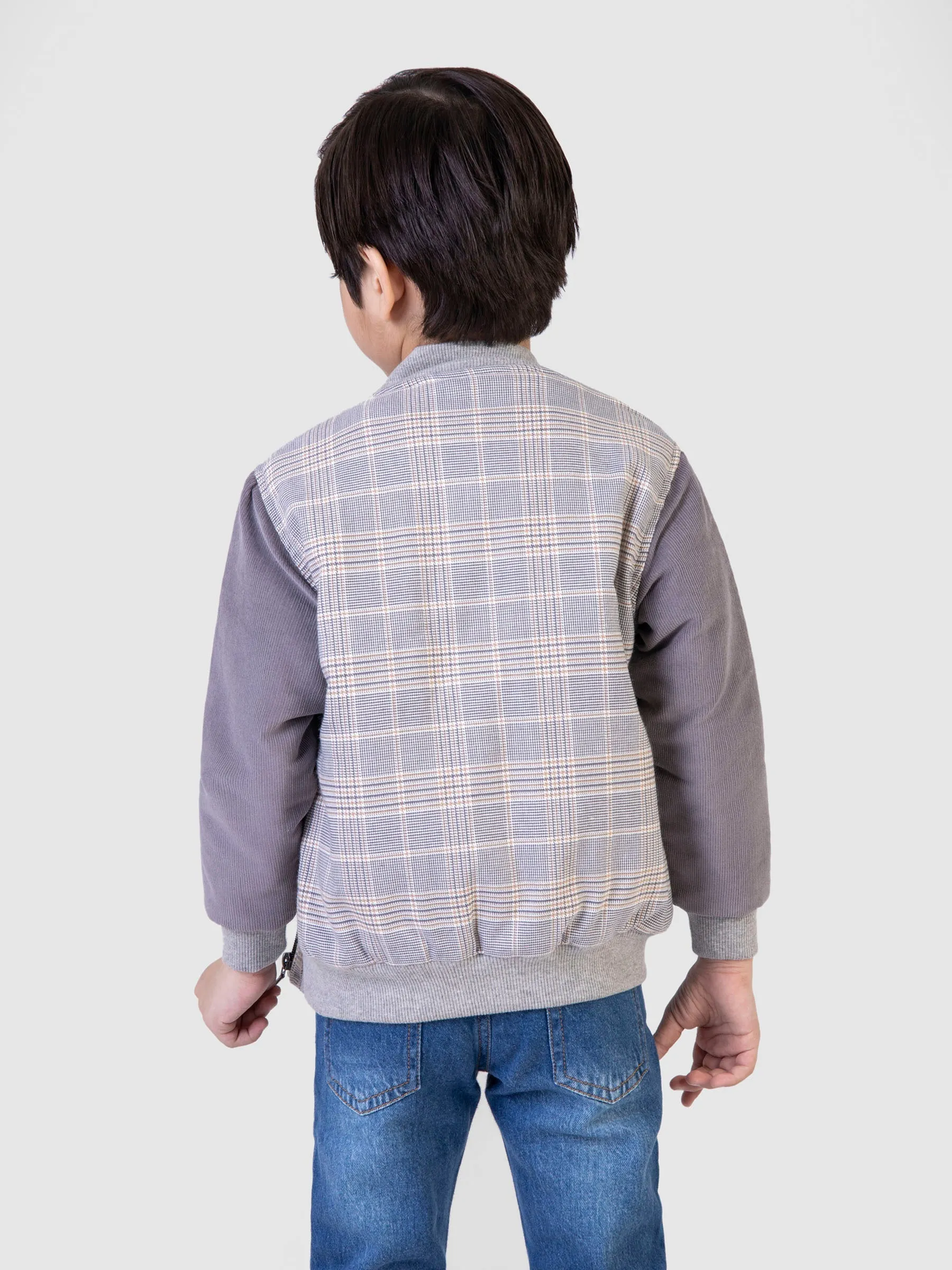 Grey Corduray Checkered Quilted Bomber Jacket