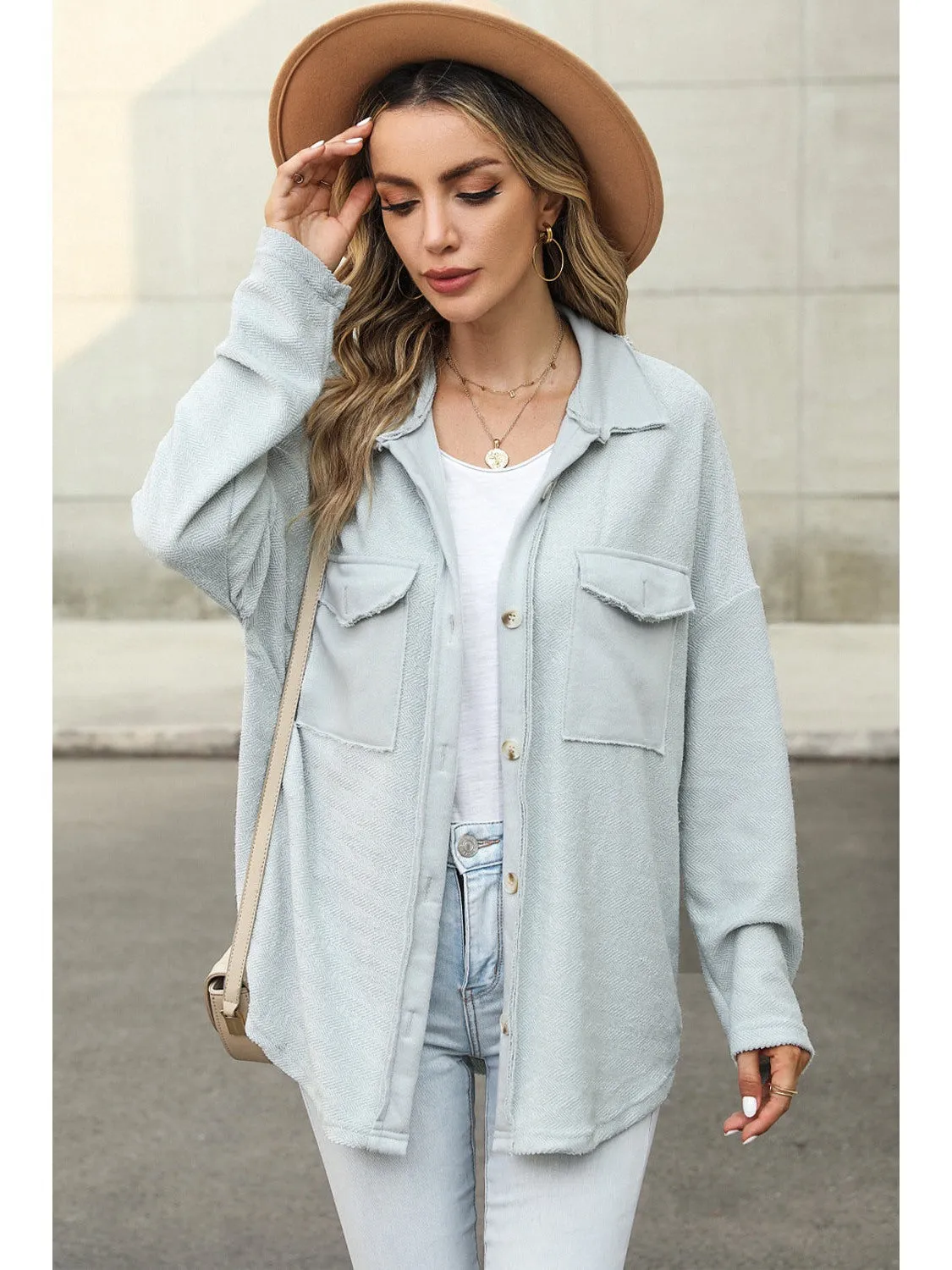 Grey Solid Color Textured Button Up Shirt Shacket with Pockets