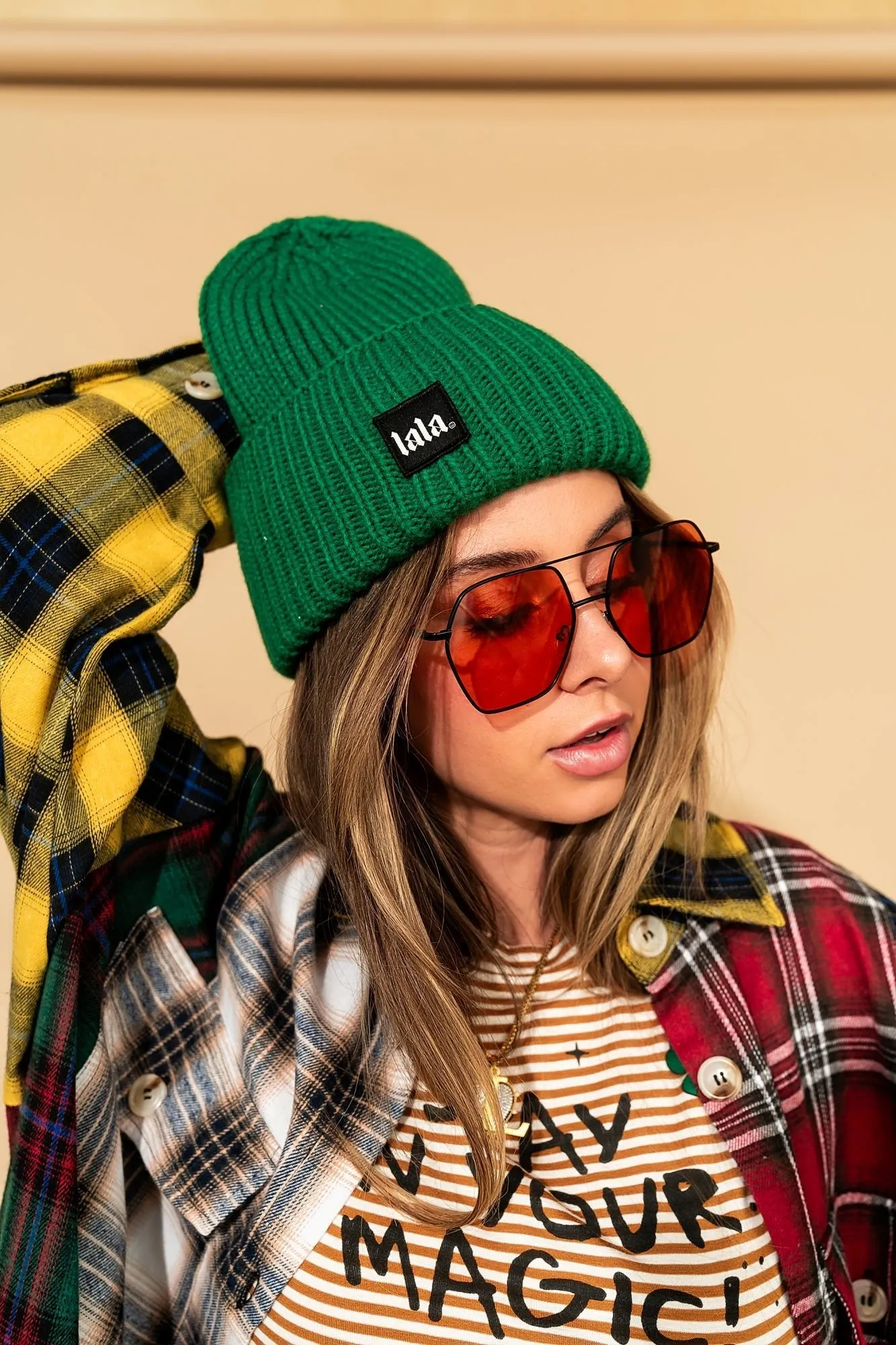 Grunge Chic Label Beanie in Evergreen