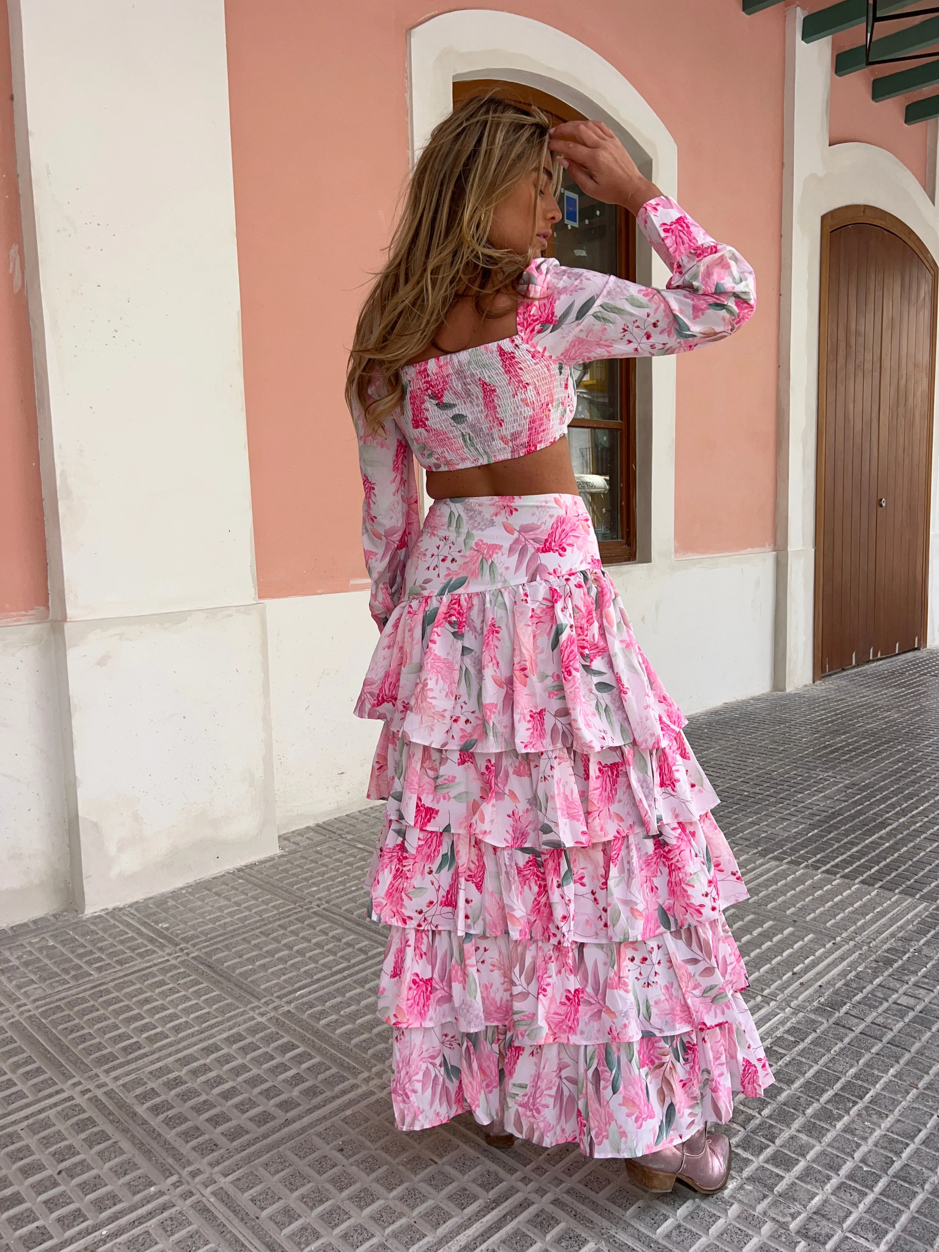 HALLIE Floral Layered Ruffle Set in Pink