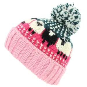 Hand Knitted Wool Beanie Bobble Hat - Sheep - Bright Pink