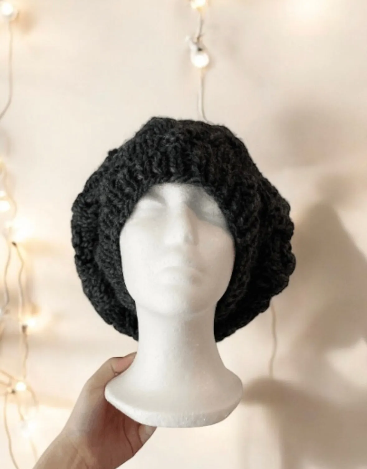 Handknit Cable Slouchy Beanie | Knit Beret | Slouchy Hat in charcoal | Knit beanie in dark grey | Fluffy cozy winter hat