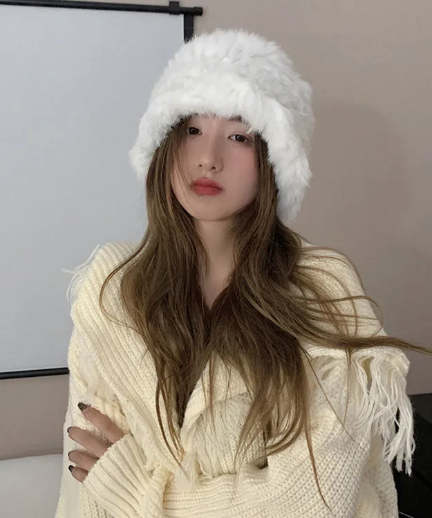 Handmade White Knit Faux Fur Solid Bonnie Hat LY517