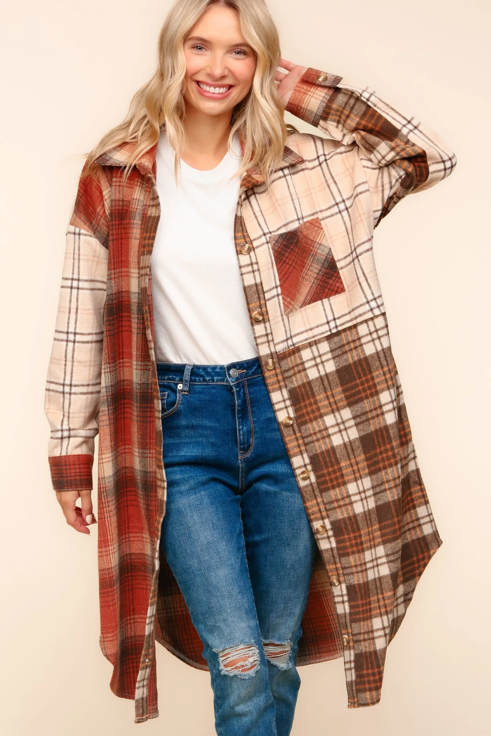 Haptics-Flannel Plaid Oversized Shacket with Pockets