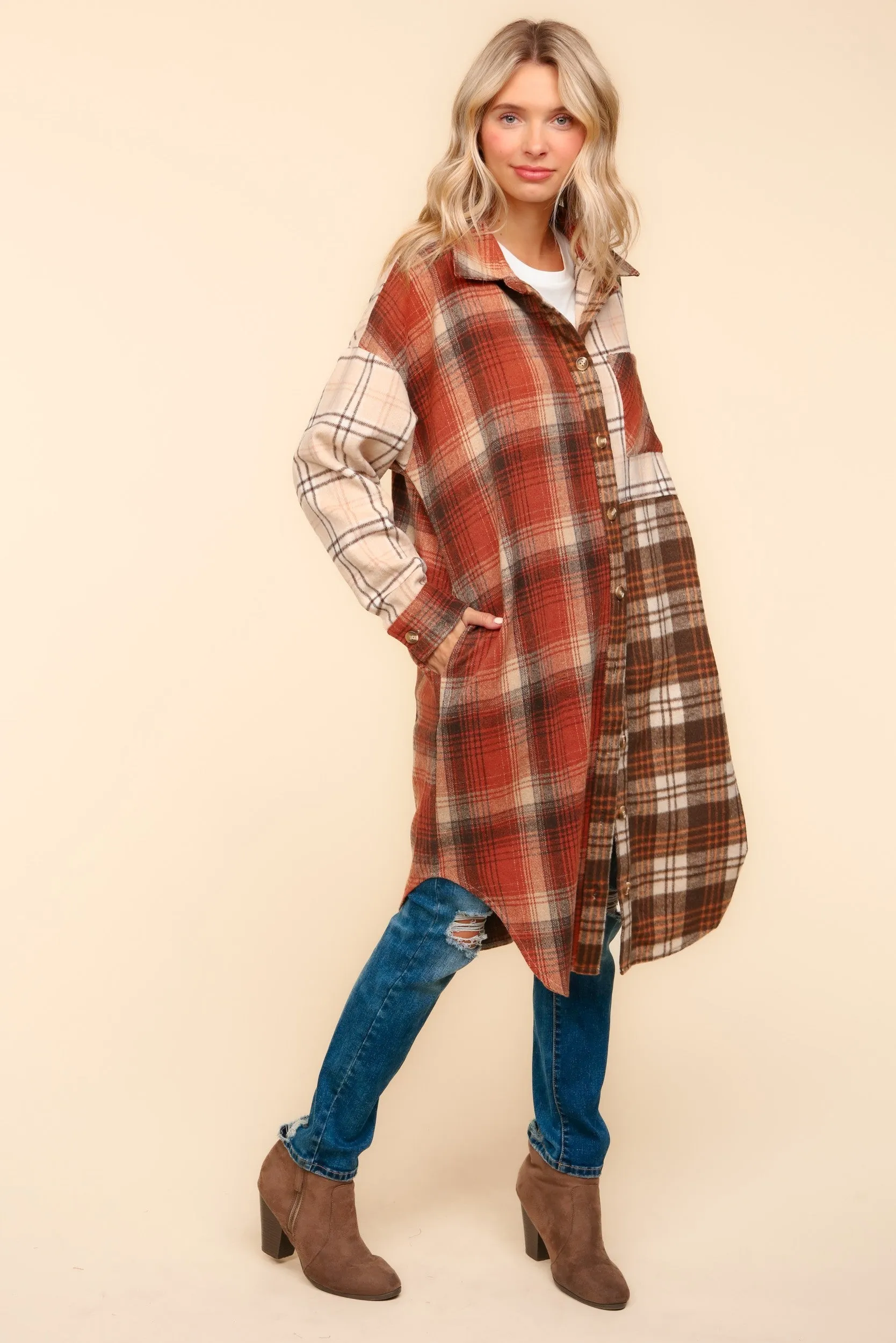 Haptics-Flannel Plaid Oversized Shacket with Pockets