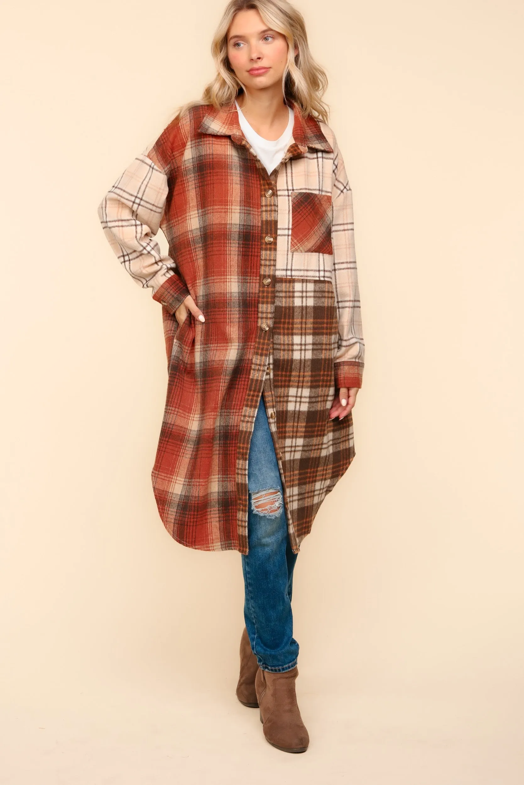 Haptics-Flannel Plaid Oversized Shacket with Pockets