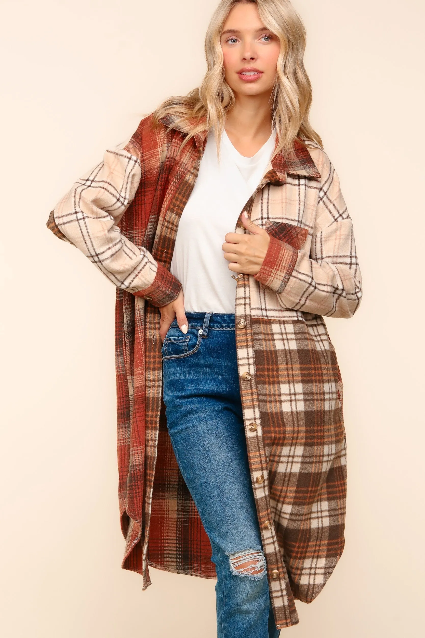 Haptics-Flannel Plaid Oversized Shacket with Pockets