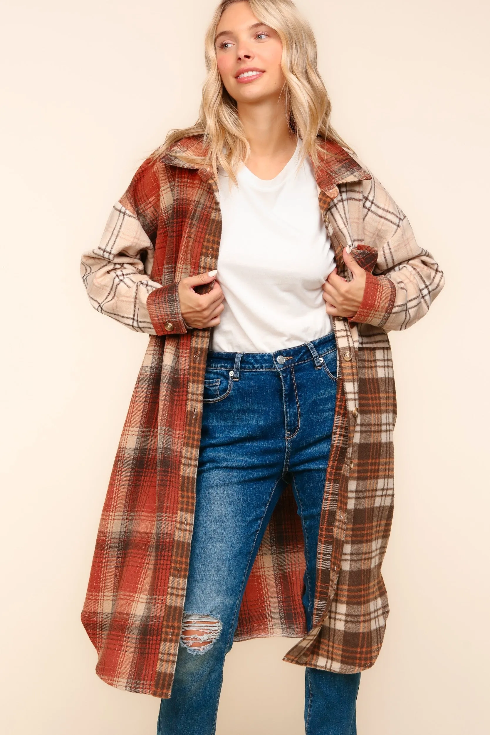 Haptics-Flannel Plaid Oversized Shacket with Pockets