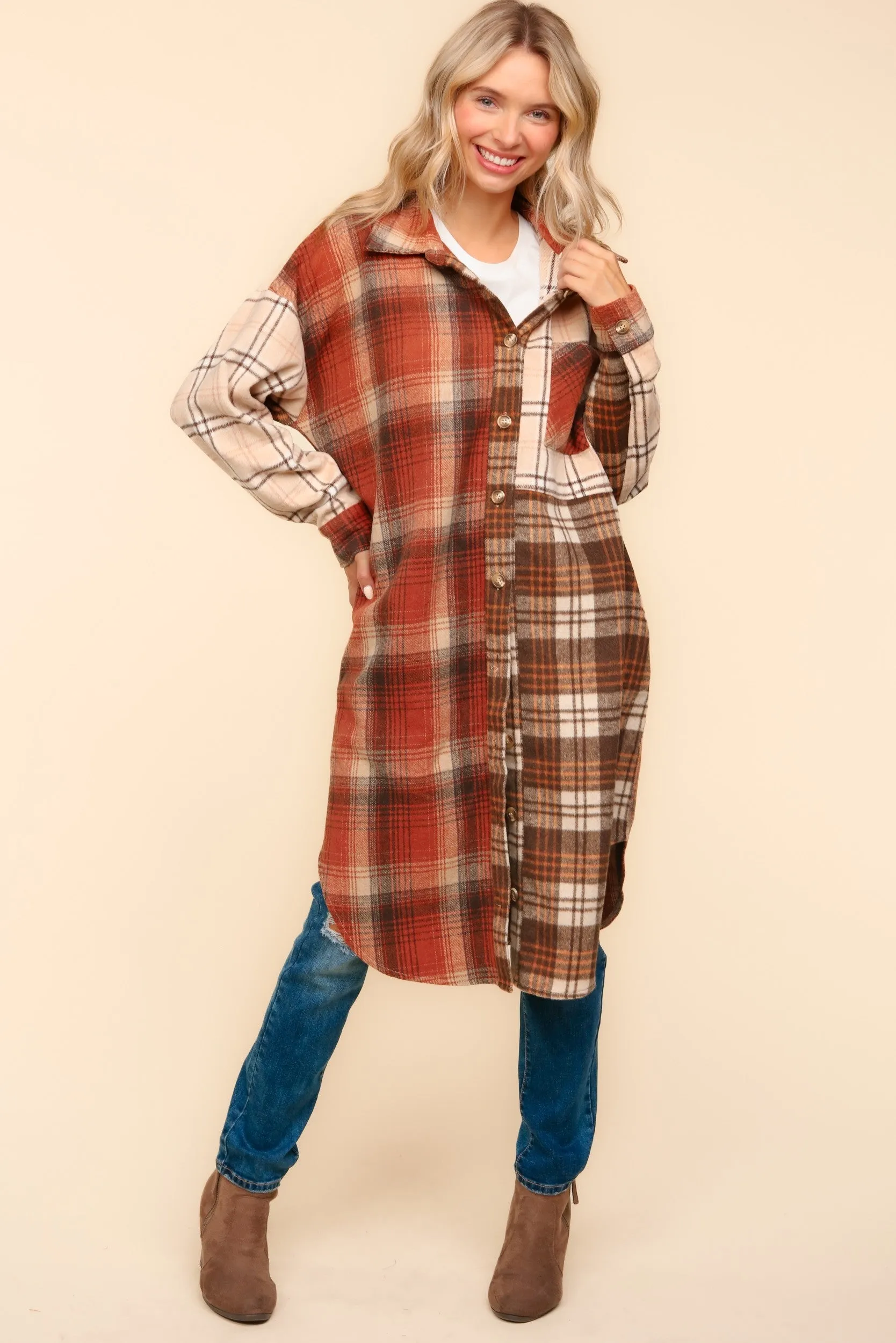 Haptics-Flannel Plaid Oversized Shacket with Pockets