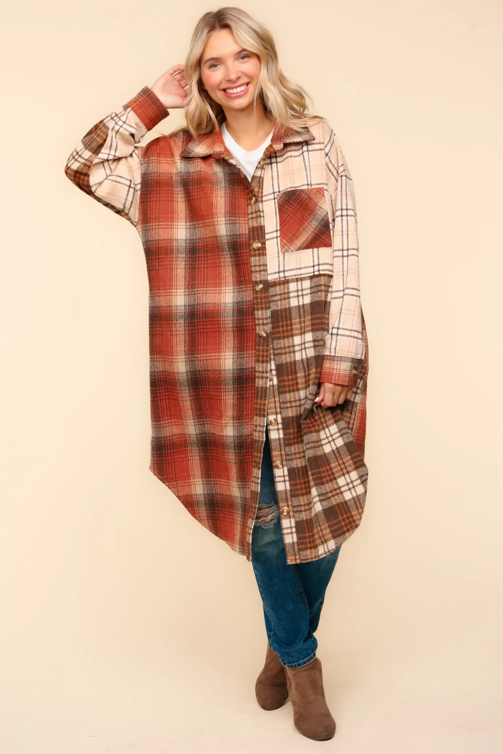 Haptics-Flannel Plaid Oversized Shacket with Pockets