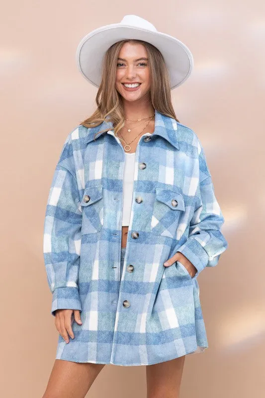 Harper Blue Plaid Flannel Oversized Long Line Loose Fit Shacket