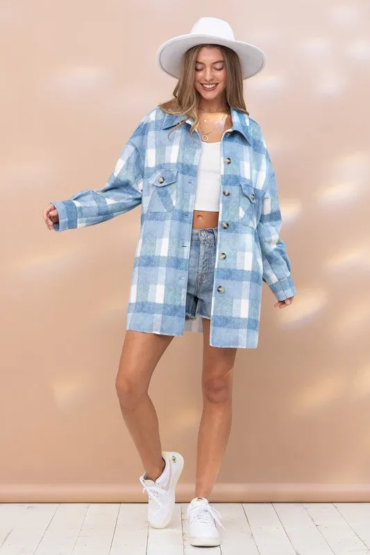 Harper Blue Plaid Flannel Oversized Long Line Loose Fit Shacket