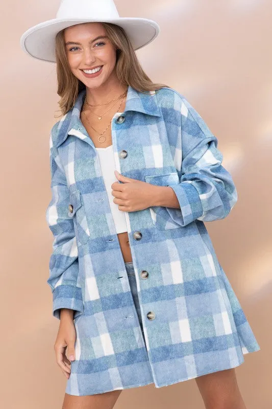 Harper Blue Plaid Flannel Oversized Long Line Loose Fit Shacket