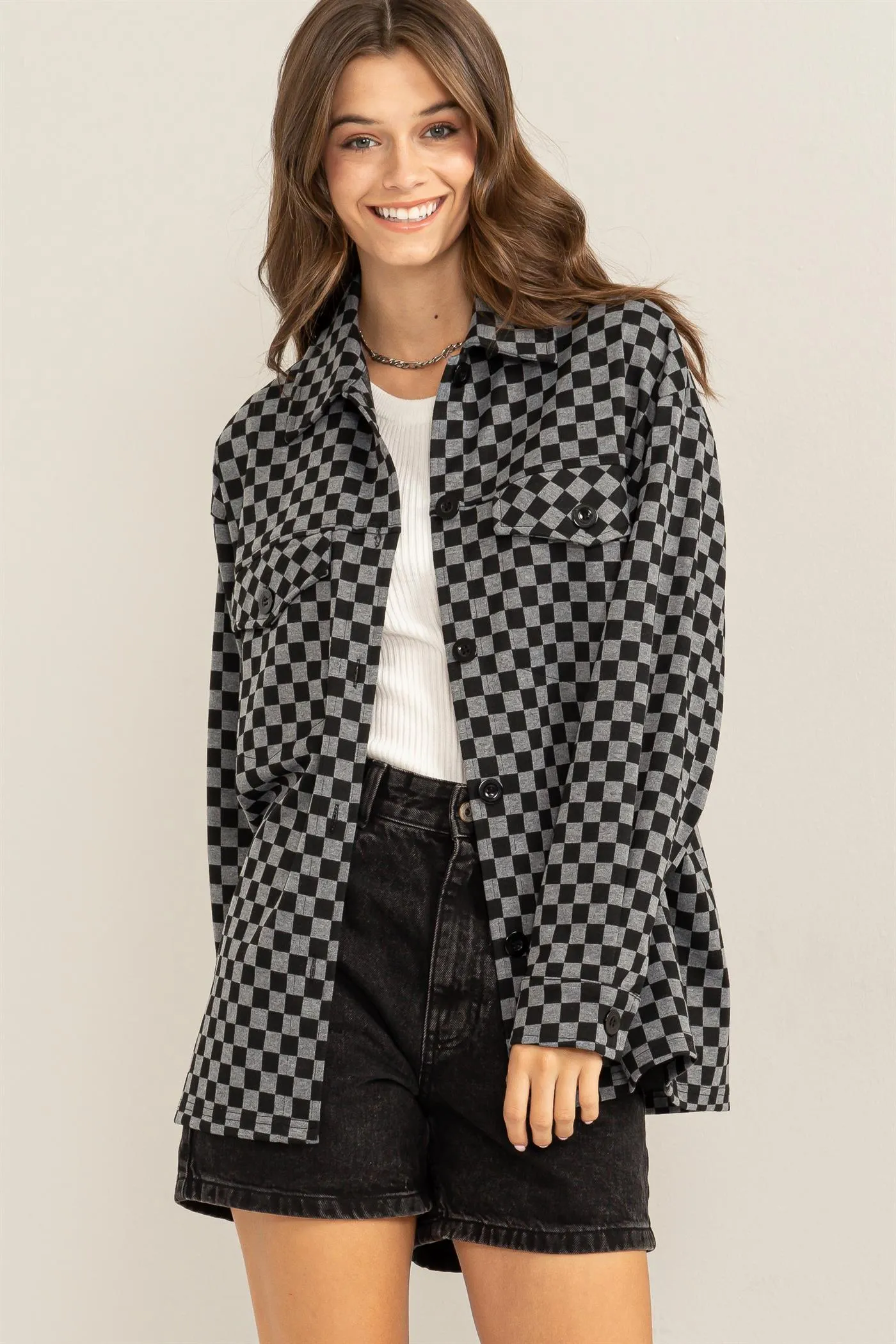 HF24C689-Checkerboard Pattern Shacket