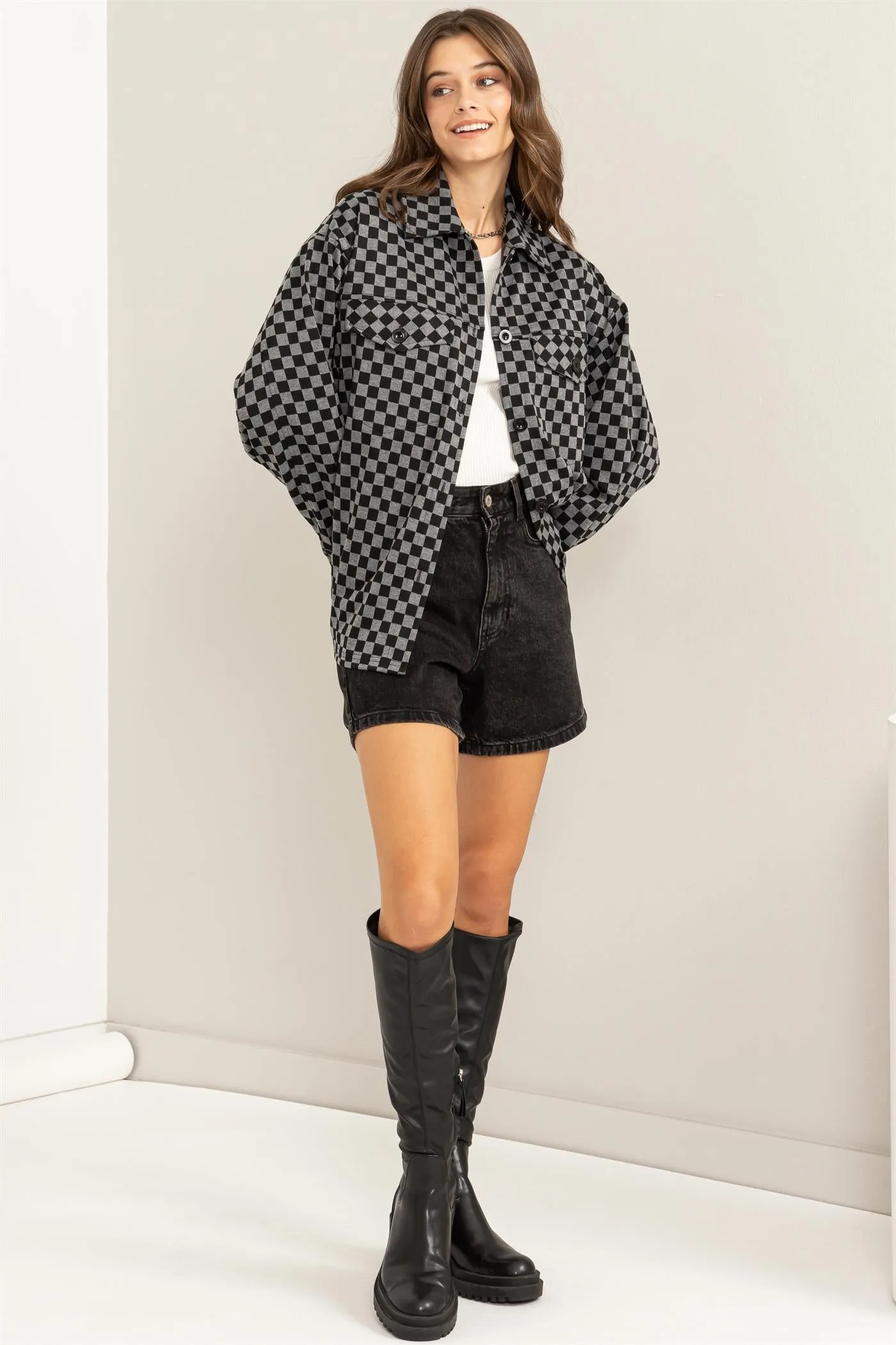 HF24C689-Checkerboard Pattern Shacket