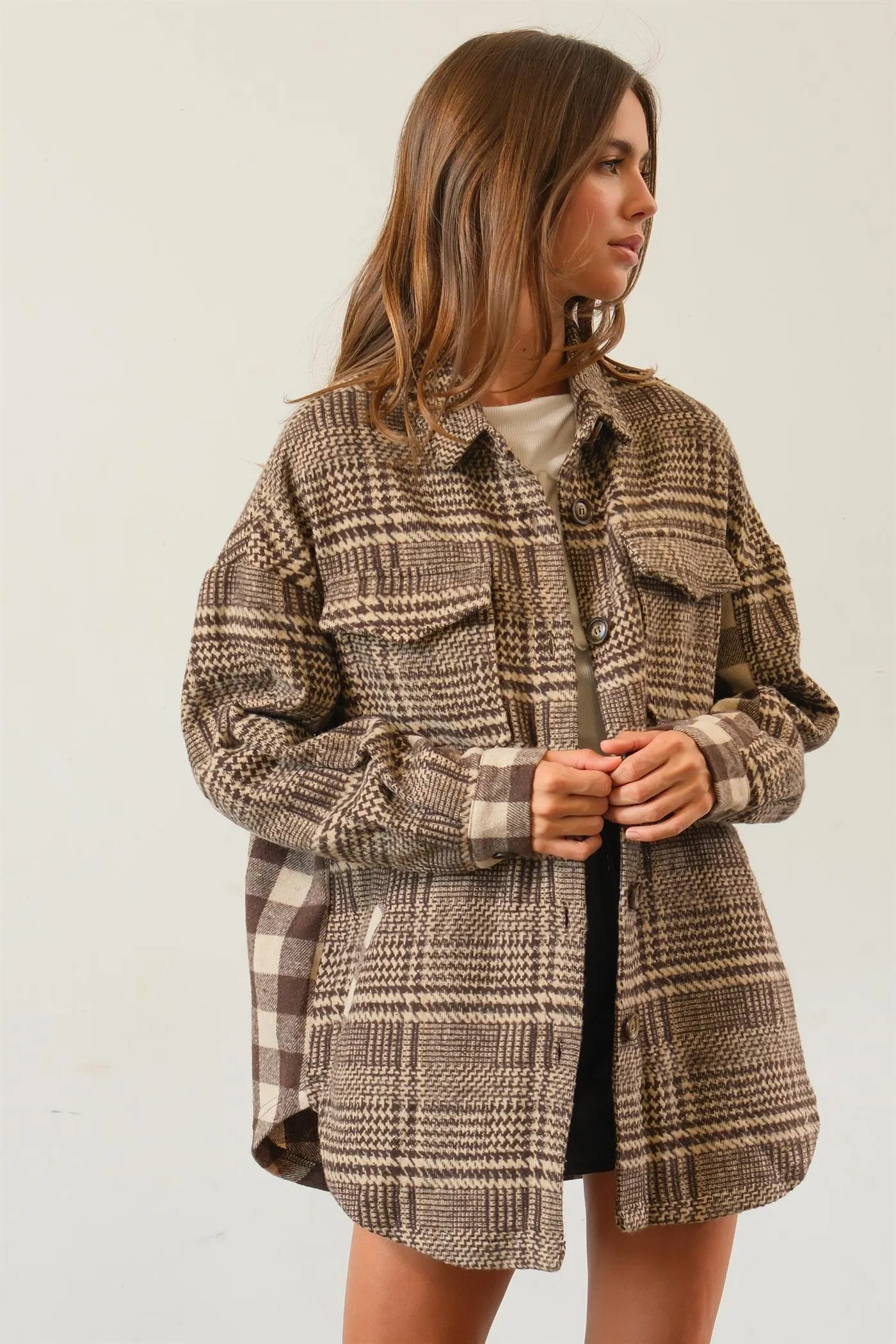 HF25C230-Mixed Pattern Plaid Shacket