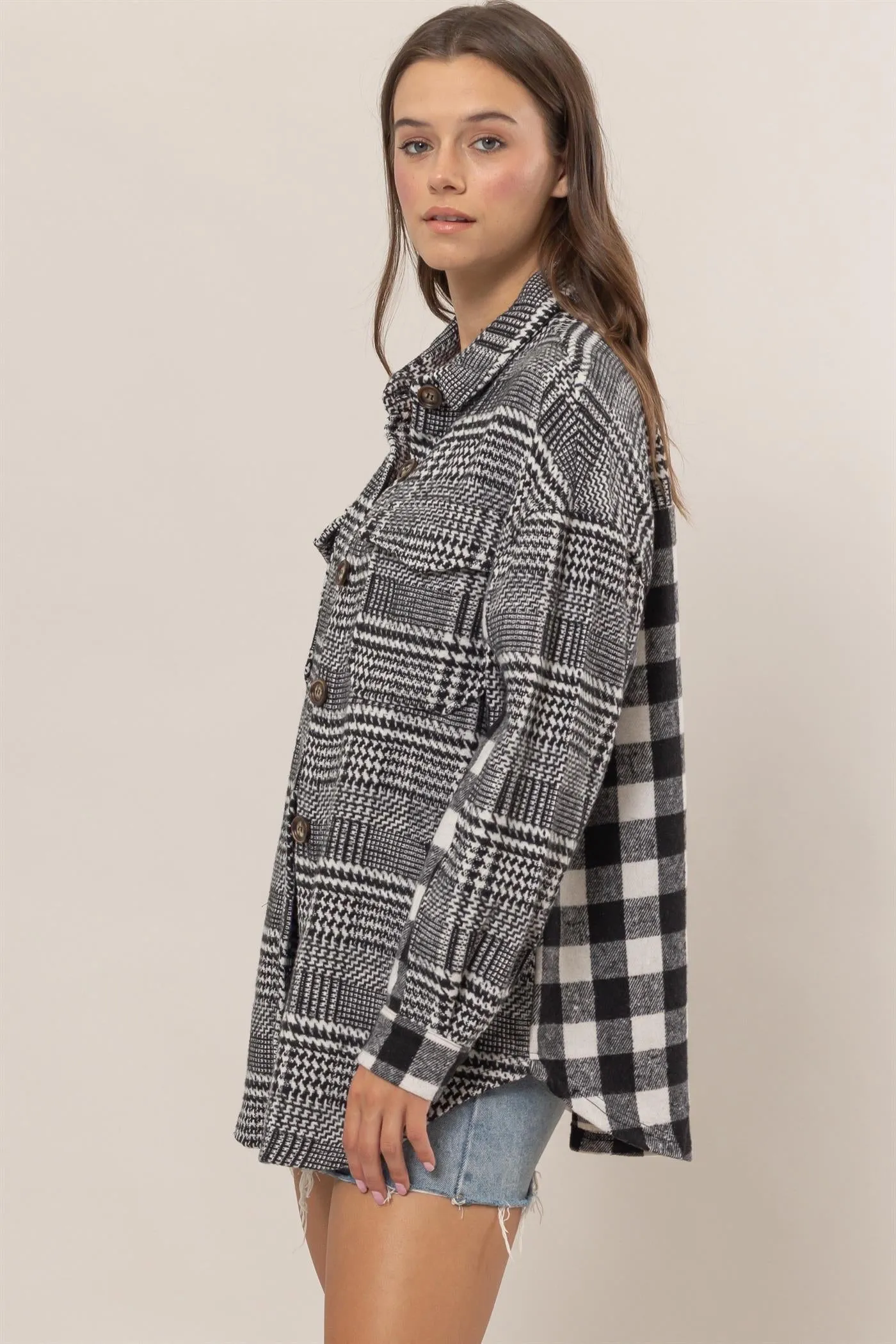 HF25C230-Mixed Pattern Plaid Shacket