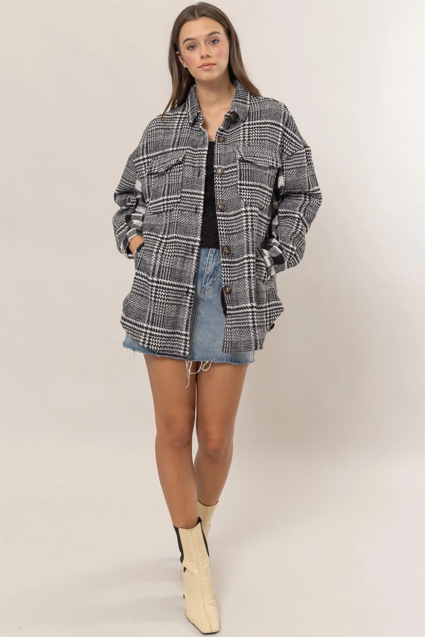 HF25C230-Mixed Pattern Plaid Shacket