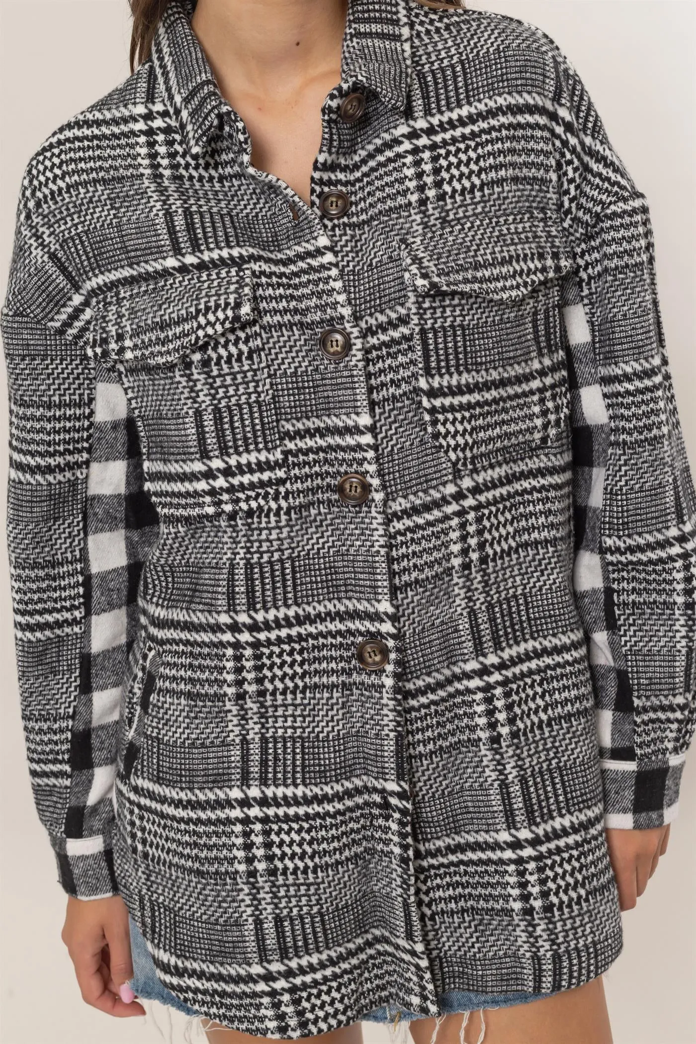 HF25C230-Mixed Pattern Plaid Shacket