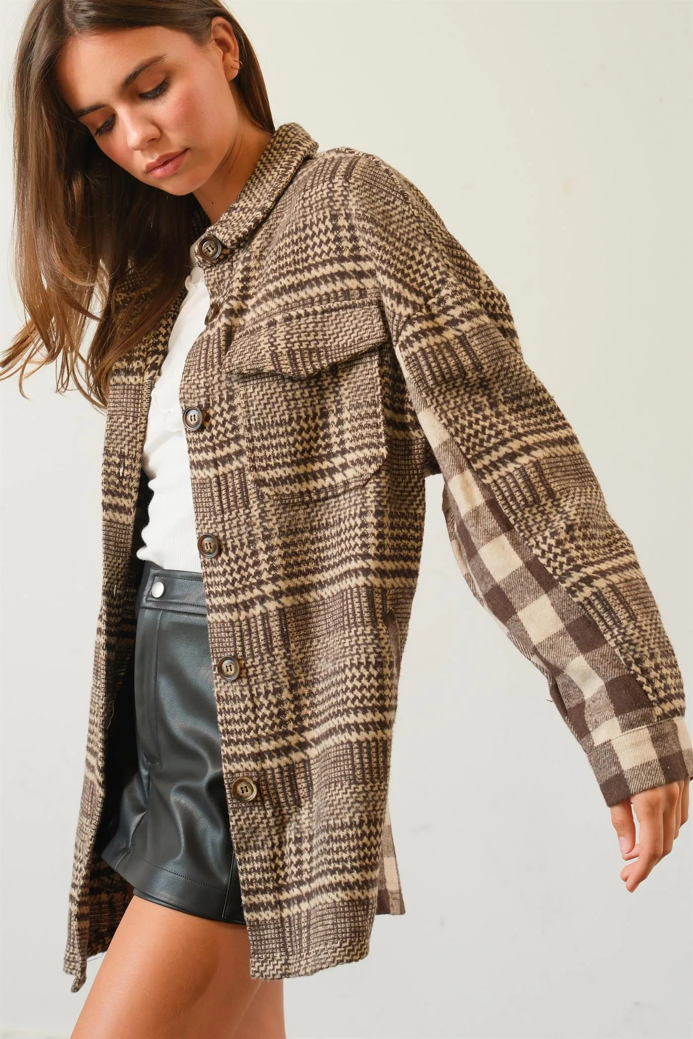 HF25C230-Mixed Pattern Plaid Shacket