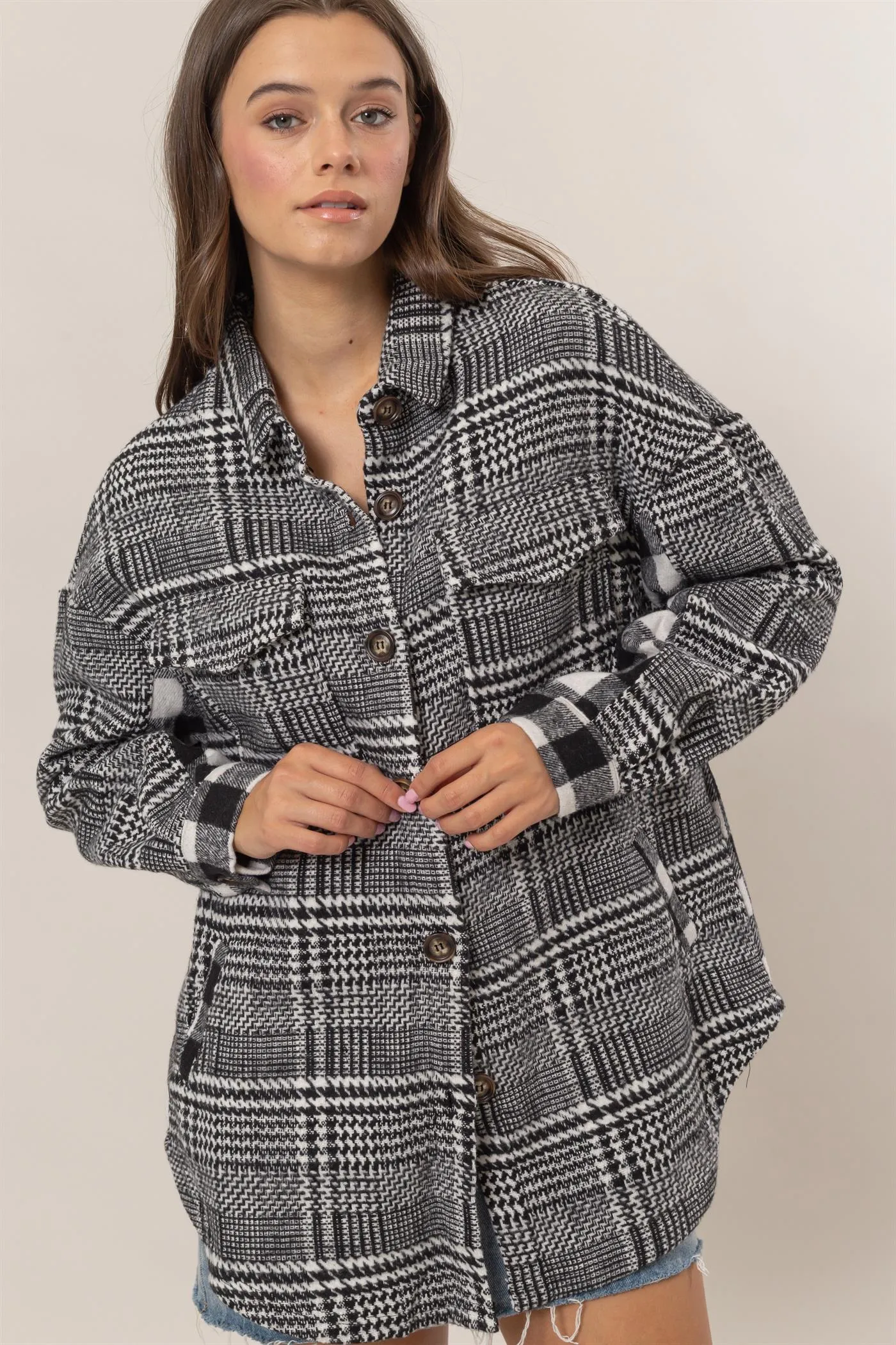 HF25C230-Mixed Pattern Plaid Shacket