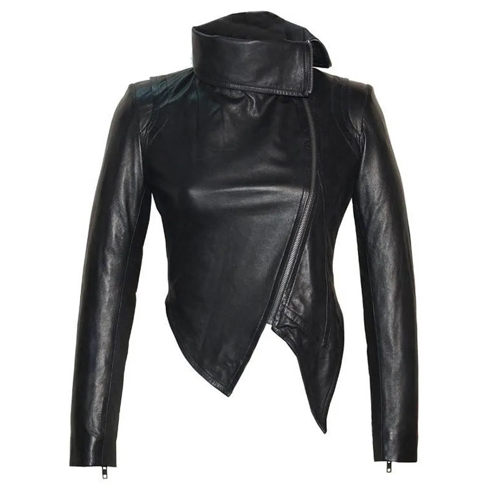 High Collar Designer Style Cross Zip Black Real Leather Jacket Womens