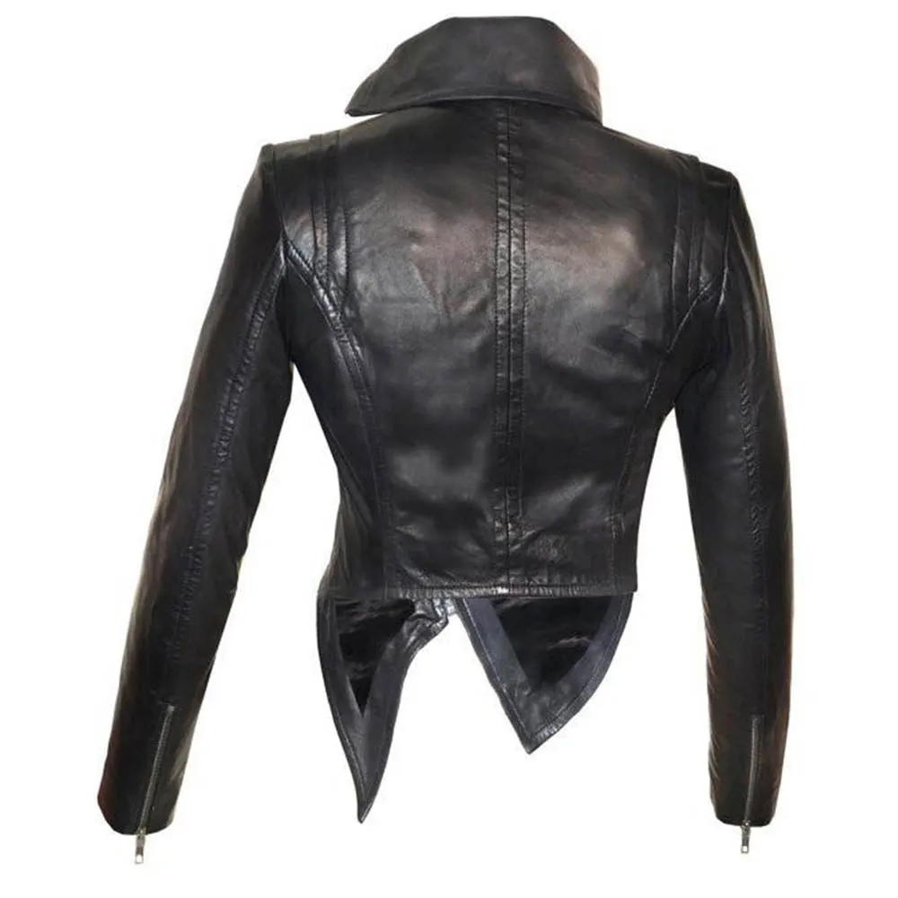 High Collar Designer Style Cross Zip Black Real Leather Jacket Womens