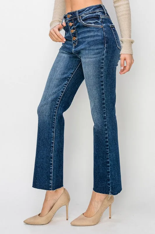 High Rise Button Closure Ankle Jeans