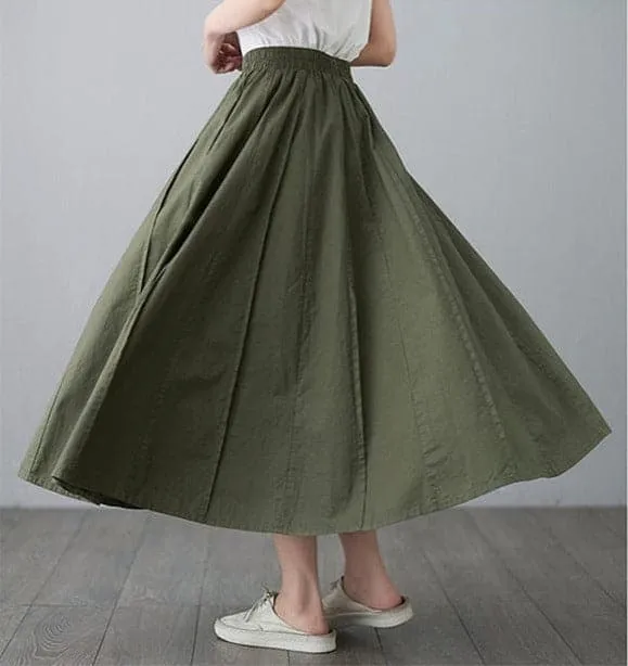 High Waist Cotton Linen Pleated Skirt