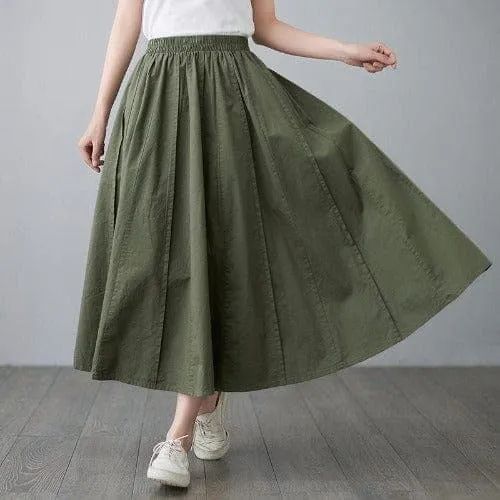 High Waist Cotton Linen Pleated Skirt