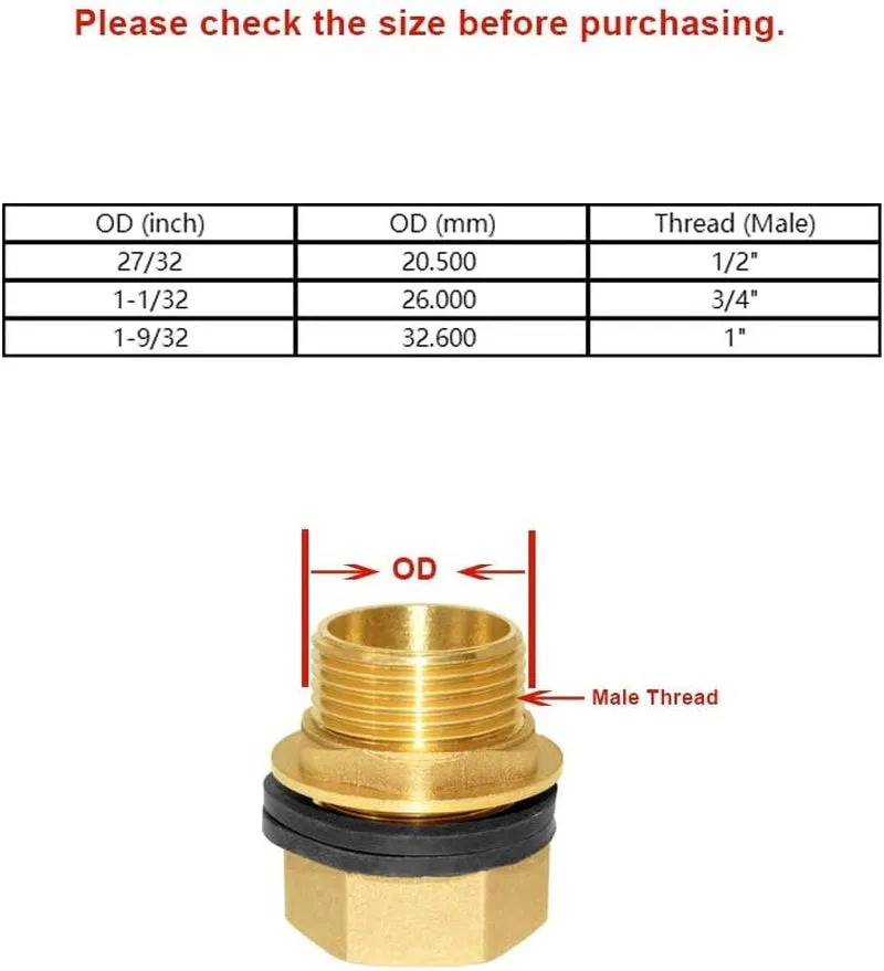 Hooshing Brass Bulkhead Fitting 1 Inch Male 1 Inch Female Thead Solid Brass Water Tank Connector with Rubber Ring Hose Adapter