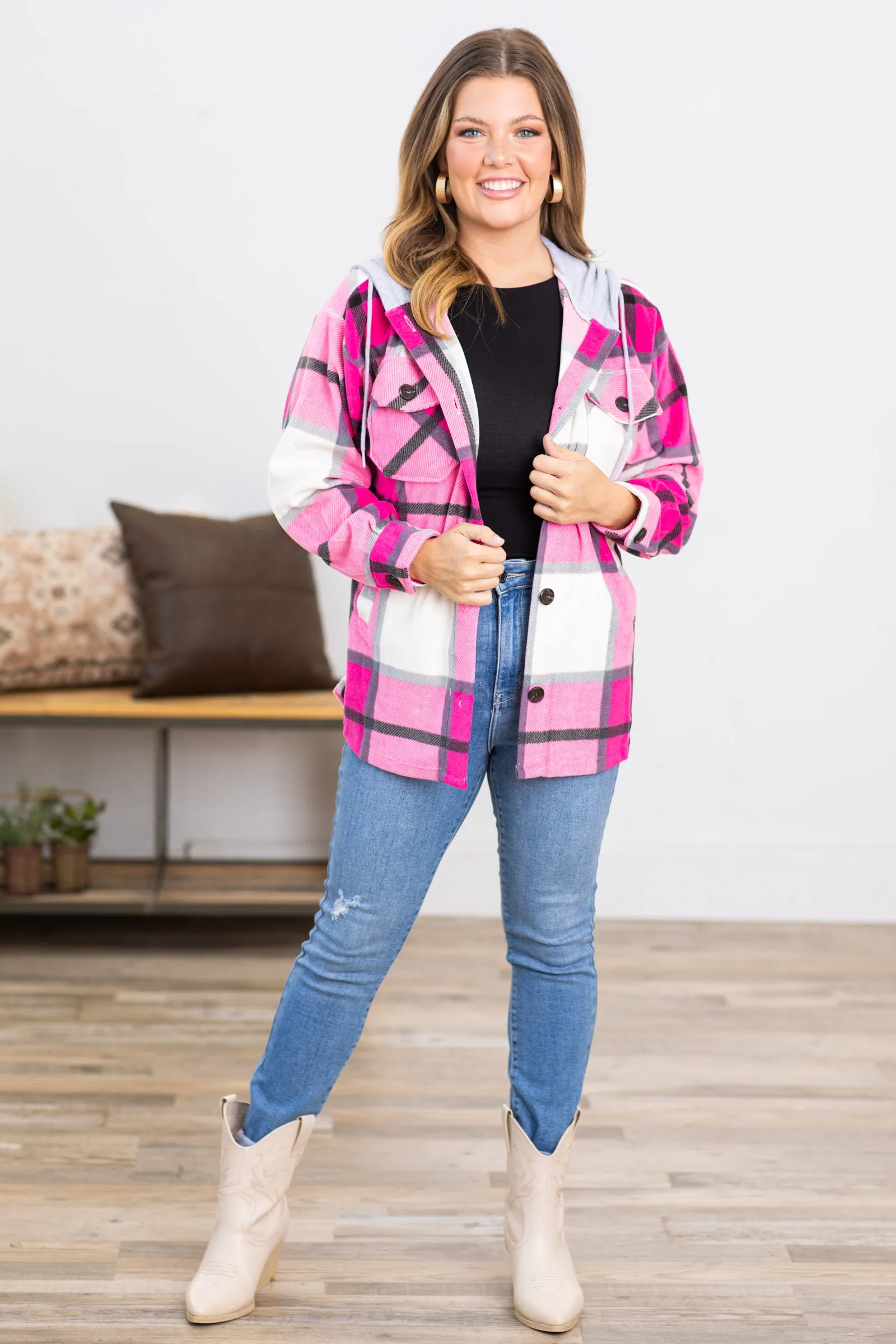 Hot Pink Plaid Fleece Shacket With Hood