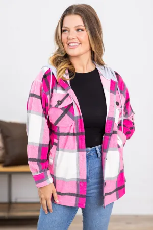 Hot Pink Plaid Fleece Shacket With Hood