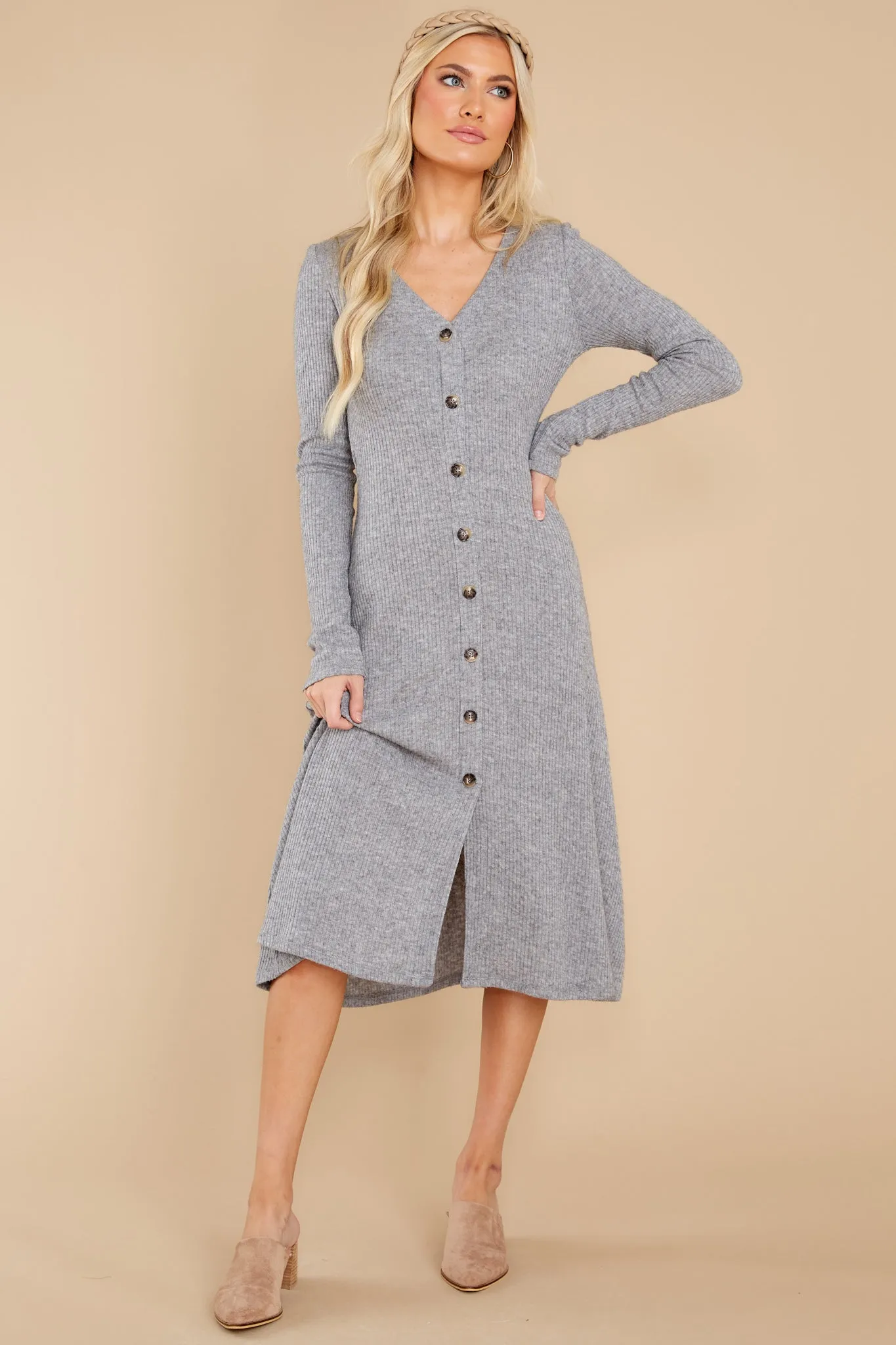 Keep It Uptown Heather Grey Knit Midi Dress