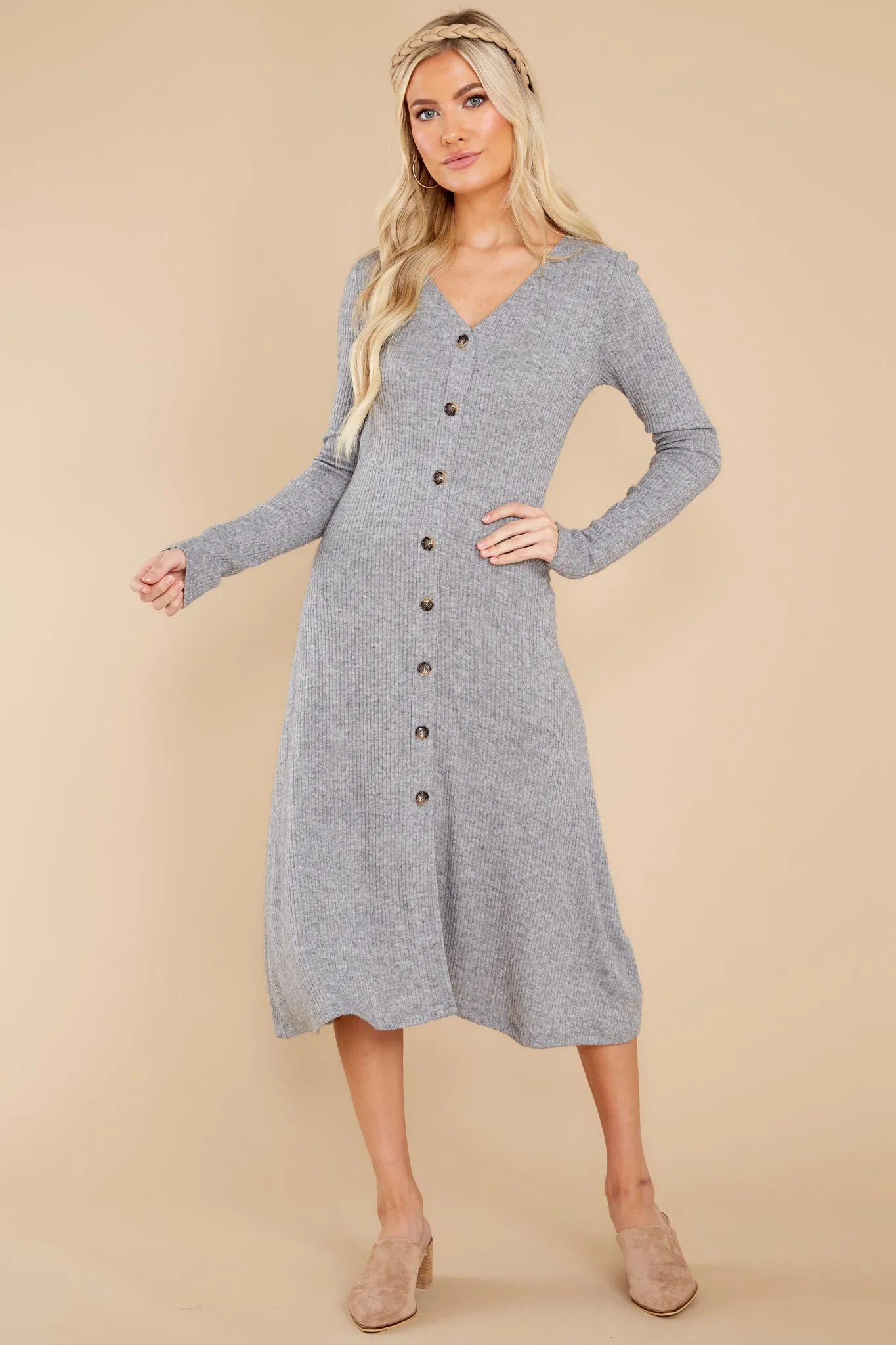 Keep It Uptown Heather Grey Knit Midi Dress