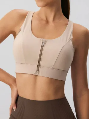 Khaki Front-Zip Sports Bra - High Support