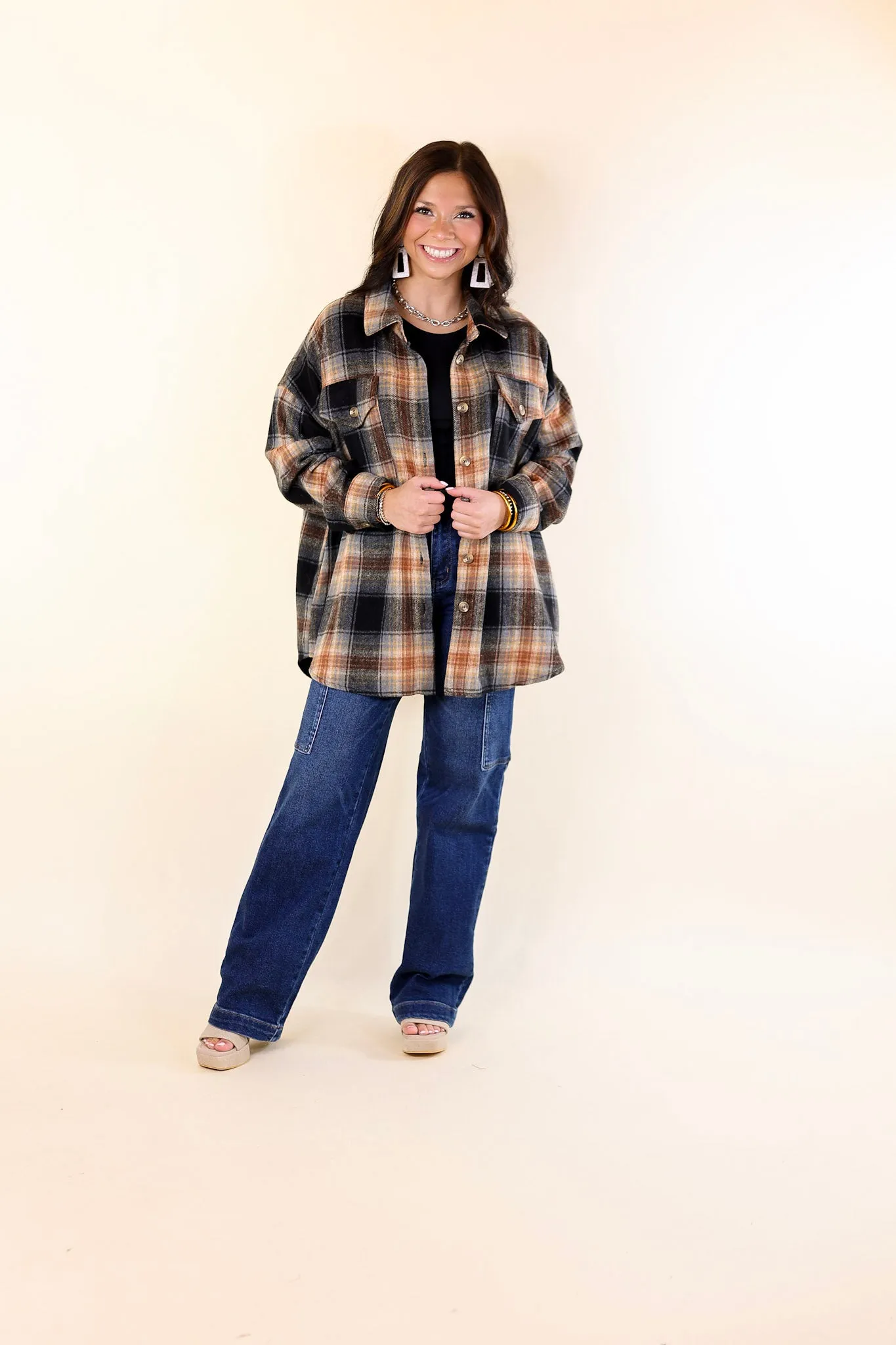 Kindness Everywhere Button Up Plaid Shacket in Black Mix