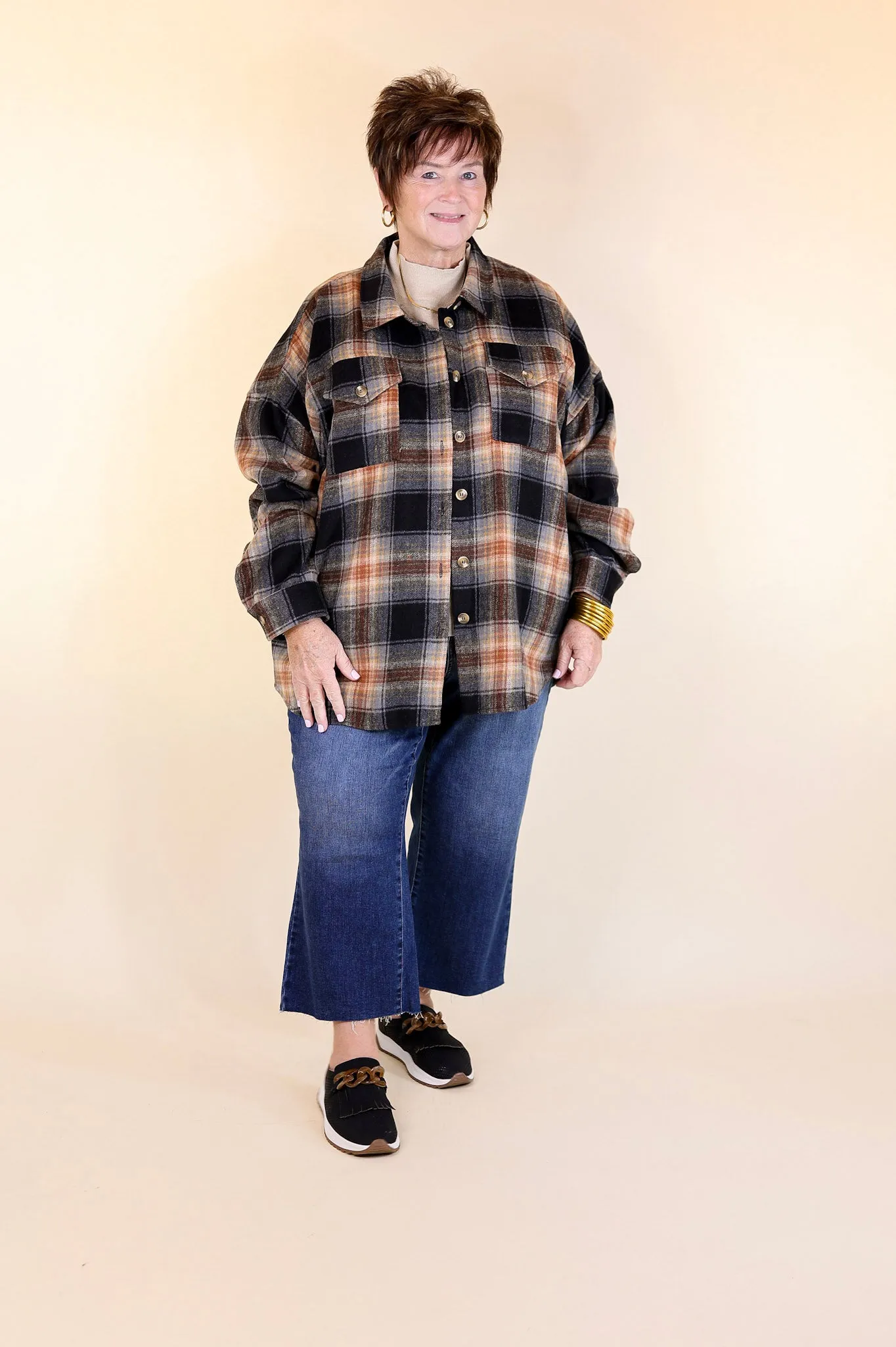 Kindness Everywhere Button Up Plaid Shacket in Black Mix