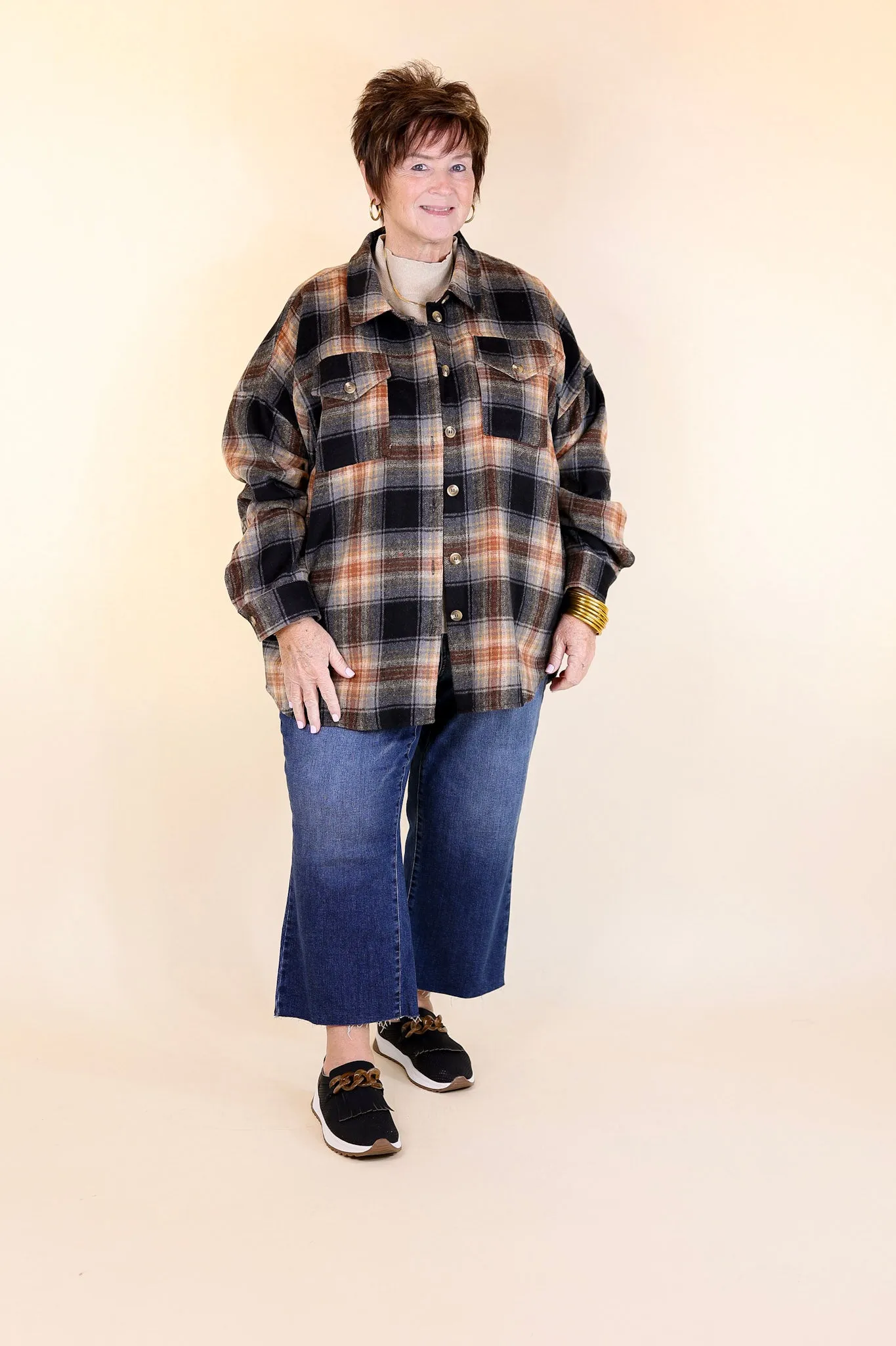 Kindness Everywhere Button Up Plaid Shacket in Black Mix