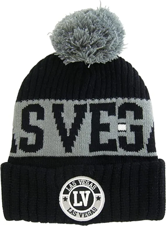 Las Vegas City Name Three Stripe Circular Patch Pom Beanie Winter Hat (Black/Gray)