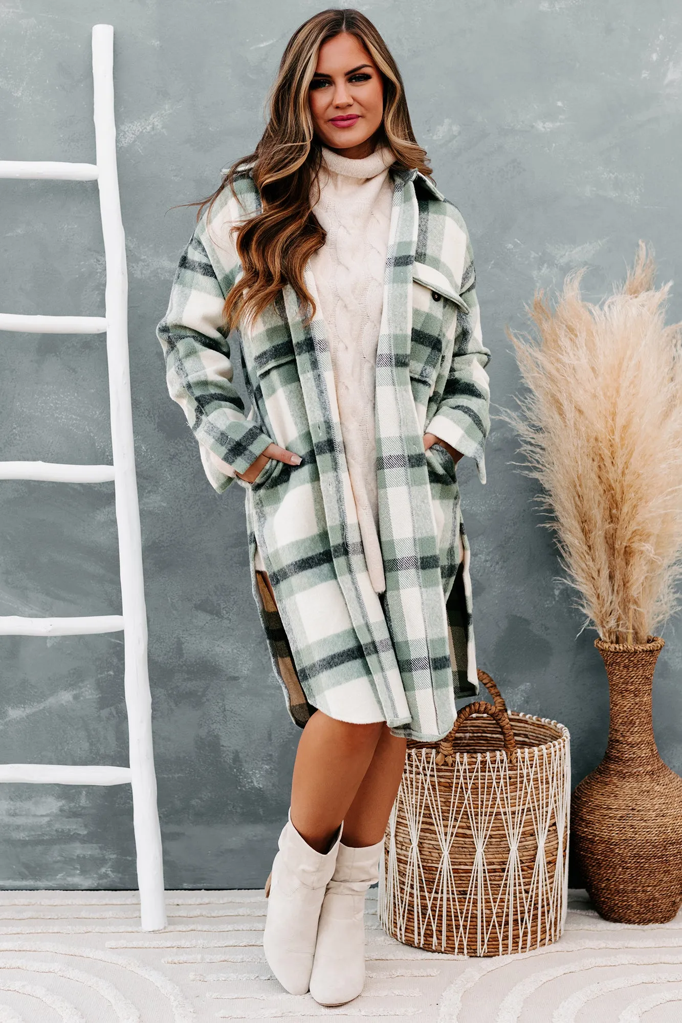 Leaping To Conclusions Plaid Duster Coat (Dark Sage)