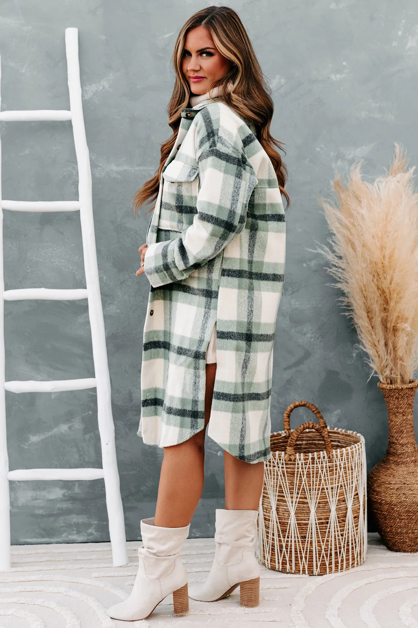 Leaping To Conclusions Plaid Duster Coat (Dark Sage)