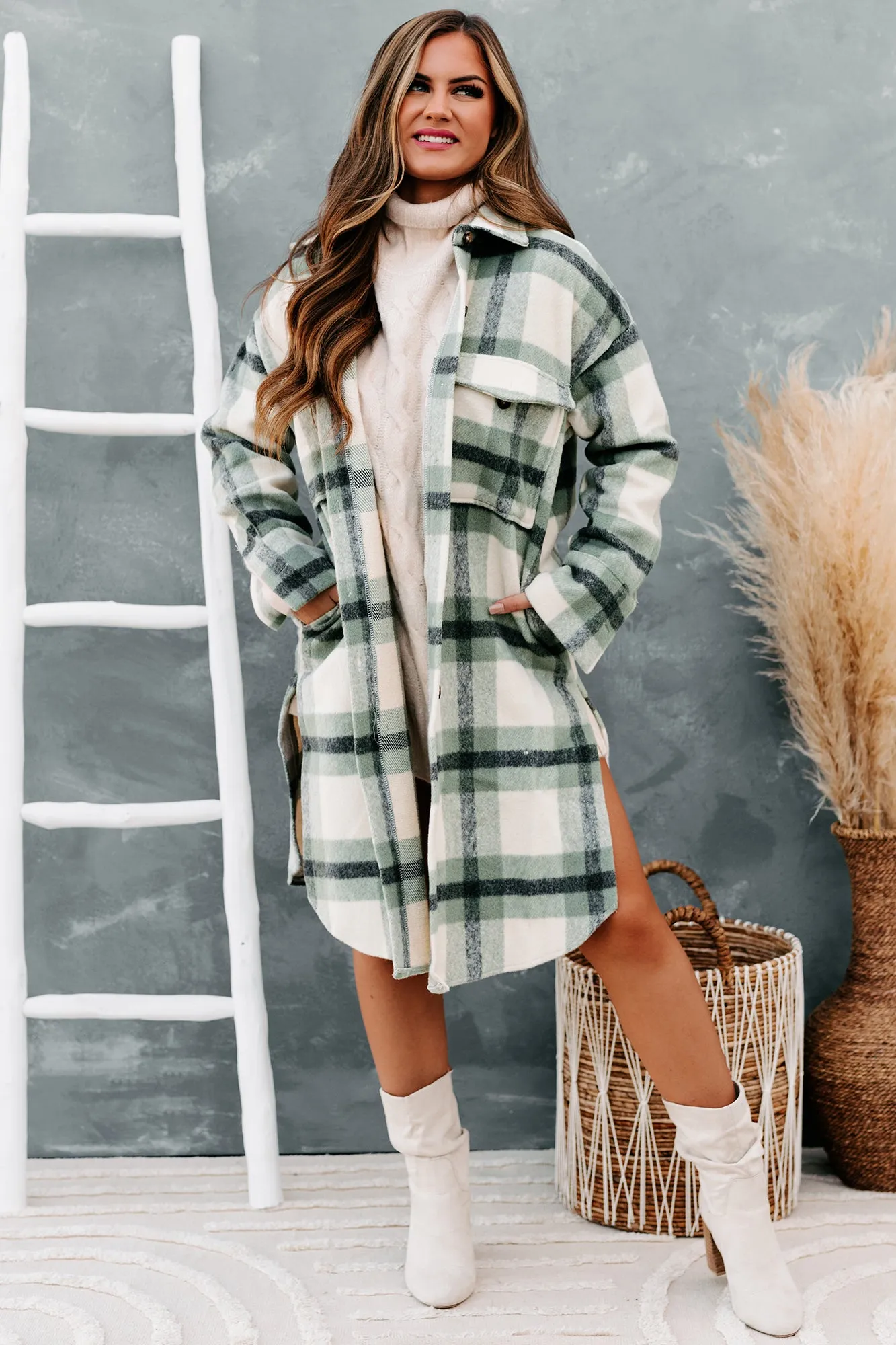 Leaping To Conclusions Plaid Duster Coat (Dark Sage)