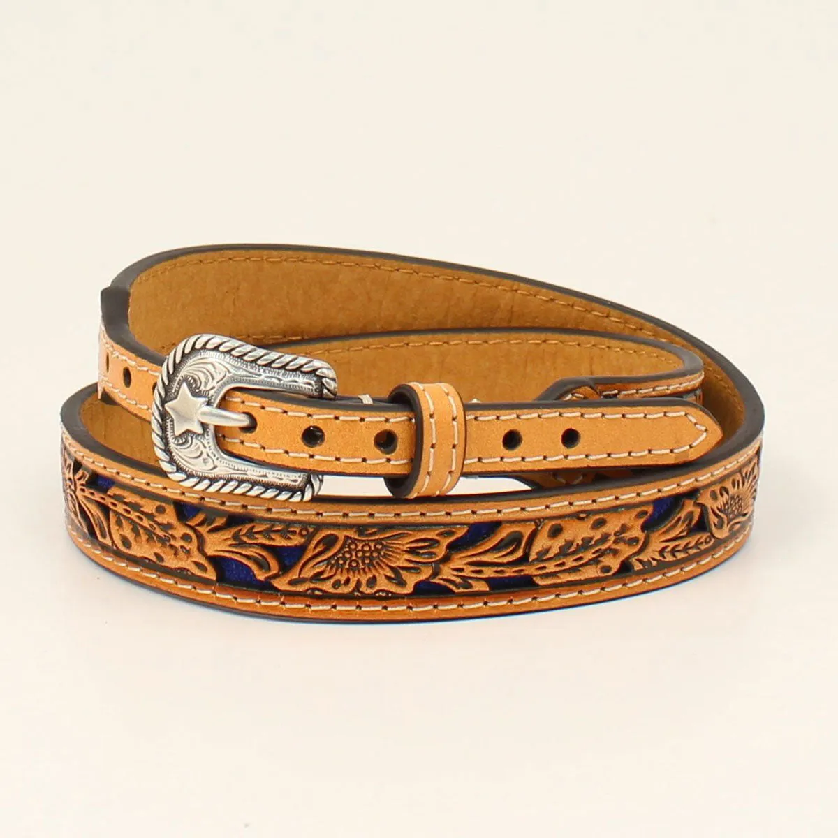 LEATHER  FLORAL TOOLED HATBAND BLUE UNDERLAY