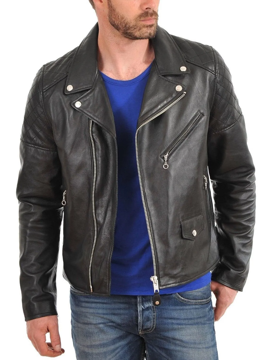 Leather Jackets Hub Mens Genuine Lambskin Leather Jacket (Black, Double Rider Jacket) - 1501001